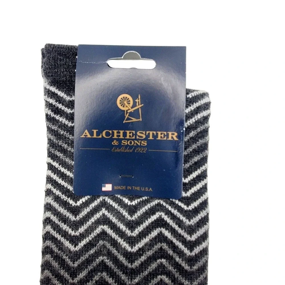 Charcoal Black Wool Crew Socks Mens Large Dress Alchester Lucas Herringbone NEW